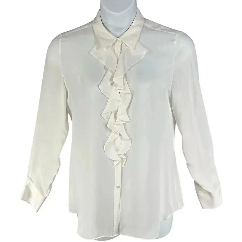 Joie NWT Womens L Porcelain Ruffle Blouse 100% Silk Long Sleeve Career Wear